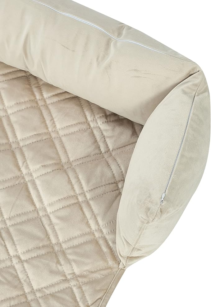 Brilliant Sunshine Beige Natural Velvet Dog Sofa Slipcover, Medium | Calming Pet Couch Bed with Removable & Washable Cover, Funiture Protector & Bed Mat for Dogs, Pets, Cats, 30"×32"×8"