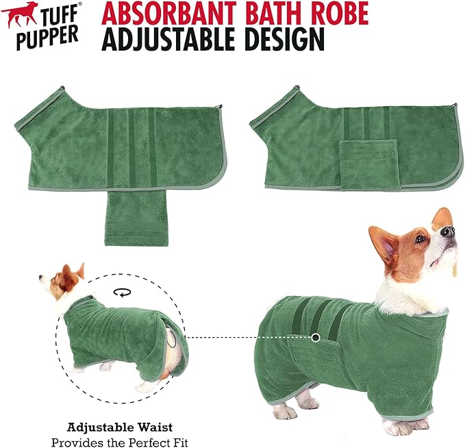 Tuff Pupper Fast Drying Dog Bath Robe | 800 GSM Plush Dog Towel Bathrobe/Dressing Gown | Super Absorbent Pet/Puppy Bathrobe | Adjustable Hood & Belly Strap | Super Soft | Fast Drying (M, Green)