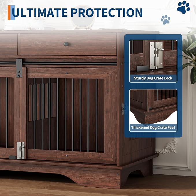 Dog Furniture Crate, 47" Large Dog Crate Furniture w/ 2 Storage Draws & Removable Divider for Large/Medium/Small Dogs