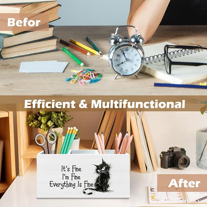 DILSJ Funny Black Cat Pen Pencil Holder Organizer for Desk, Cat Lovers Gifts, Funny Office Decor, It's Fine Everything Is Fine Wooden Box Signs for Office Workplace Desk Tabletop Decoration