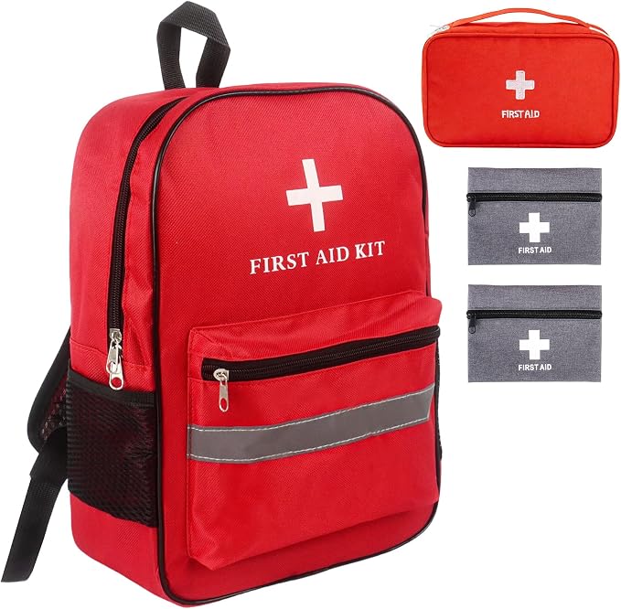 First Aid Bag Empty 4-Piece Set with Large First Aid Backpack, 2 Portable Pouches & Carry Medical Bag for Pet, Car, Travel, Camping, Emergency Supplies Storage (Red Gray)