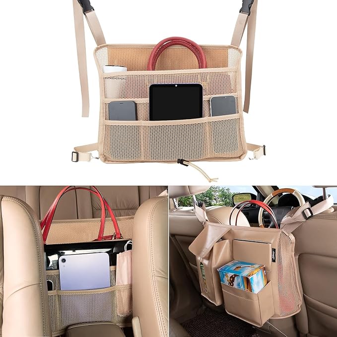 Car Seat Back Organizer, Net Purse Hangbag Holder for Car, Auto Driver Or Passenger Accessories Organizer, Vehicle Console Caddy, Personal Travel Storage Bag for Pet Kids Adults, Pu Leather Beige