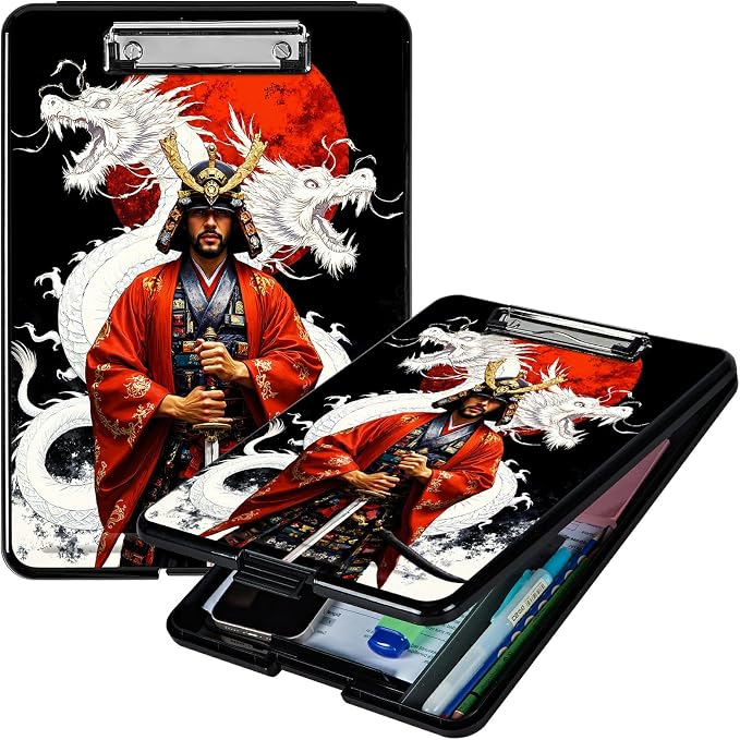 Heavy Duty Storage Clipboard, Slim Nursing Clipboard with Internal Pen Case, Portable File Organizer Case for A4 Letter Size Paper Office Medical Professionals, Warrior Dragon Sunset