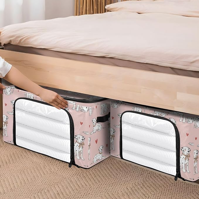 Cute Pets Dogs Pink print Under Bed Storage Containers with Double Zipper Openings, Foldable Clothes Storage Bins with Clear Window and Handles for Comforters Blankets Bedding
