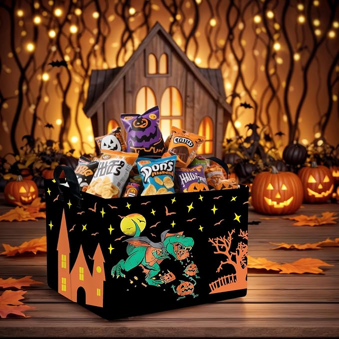 Halloween Basket Gift Cute Pumpkin Ghost Parties Decor Kid Trick or Treat Basket for Boys and Girls Rectangular Storage Bin Box (Dinosaur)