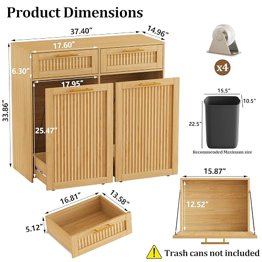 2 X 13 Gallon Pull Out Trash Can Cabinet, Double Trash Cabinet, Natural Oak | Fluted Kitchen Trash Cabinet with Drawers, Freestanding Hidden Garbage Pet Proof Trash Can Holder for Laundry, Living Room