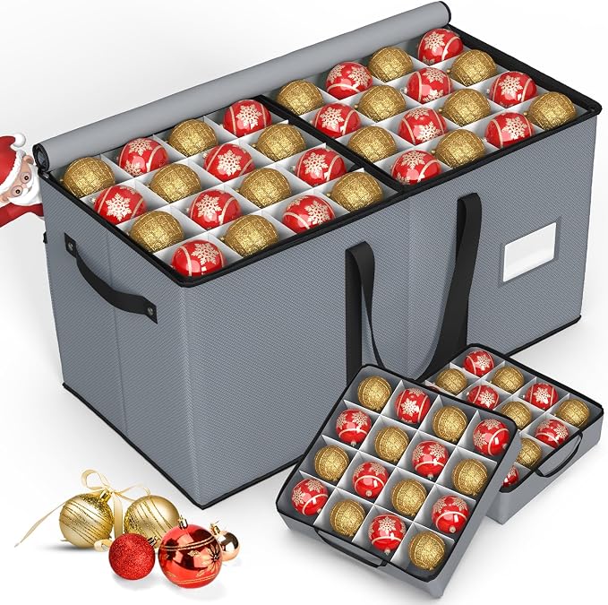 Keten Large Christmas Ornament Storage Boxes with Adjustable Dividers | Stores up to 128 Holiday Ornaments 3-Inch, 8 Individual Trays with Handles,48 Dividers, Zippered Lid, 600D Oxford (Grey)