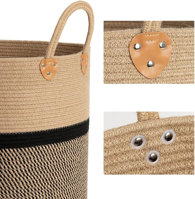 CHICVITA Large Wicker Storage Basket with Leather Handles, 16" x 16", Black | Decorative Woven Basket for Toys, Shoes, Blankets & Laundry Storage, Living Room & Bedroom Organizer, Indoor Plant Basket
