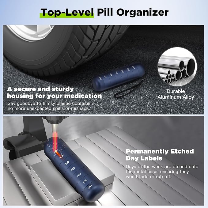 Zannaki Metal Moisture Proof Weekly Pill Organizer, Stackable Aluminum Alloy BPA Free Travel Hiking 7 Day Pill Box Case Waterproof and Large Compartment to Hold Pills, Vitamins, Fish Oil, Supplements