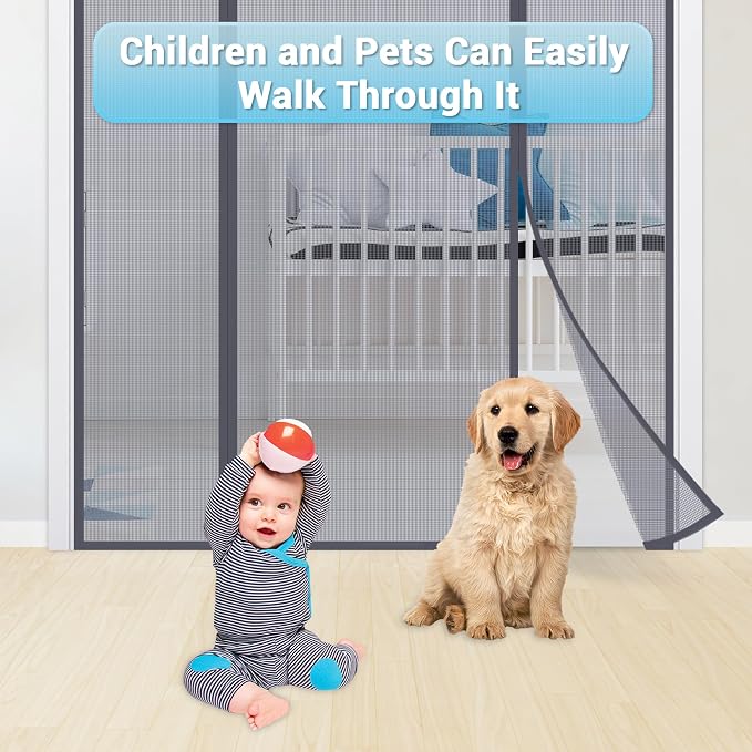 TheFitLife Fibreglass Double Door Magnetic Fly Screen, Heavy Duty Curtain | 74"x81" - Fits Doors up to 72"x80" Max, Gray, with Full Frame Hook & Loop Powerful Magnets, Pet & Kid Friendly, Hands Free