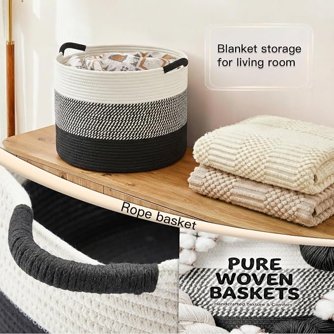 Artfeel 40L Large Cotton Rope Basket, Decorative Woven Blanket Storage for Living Room, Boho Toy Storage & Toy Box for Kids, Versatile Laundry Basket & Nursery Hamper for Blankets(Black)