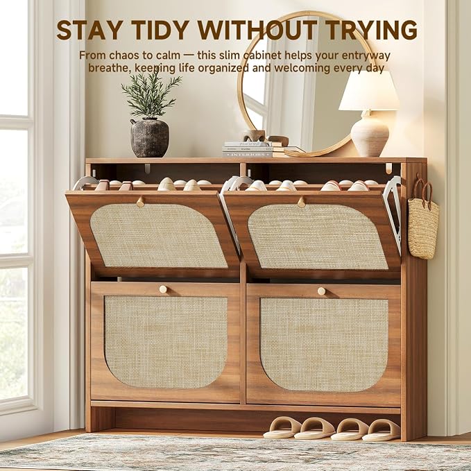 Freestanding Ultra Slim Arched Rattan Accent Shoe Storage Cabinet for Entryway - 4 Flip Drawers & 3-Tier Adjustable Shelves, Farmhouse Modern Rustic Shoe Rack for Hallway, Foyer Oak
