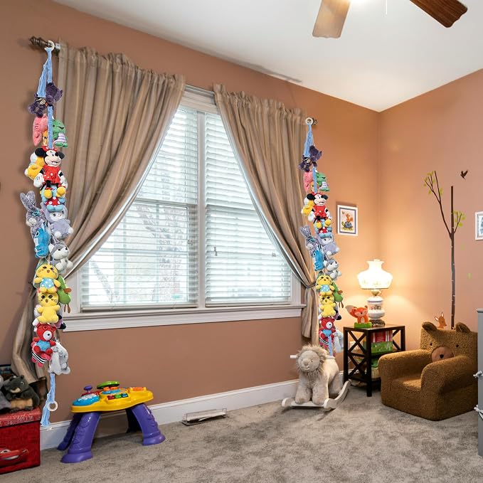 2PCS Stuffed Animals Storage Chain Organizers 80" Cotton Hanging Storage Chain with 2Pcs Led Light 40 Metal Clips Stuffed Animal Display Holder Chain for Nursery Play Room (Blue)