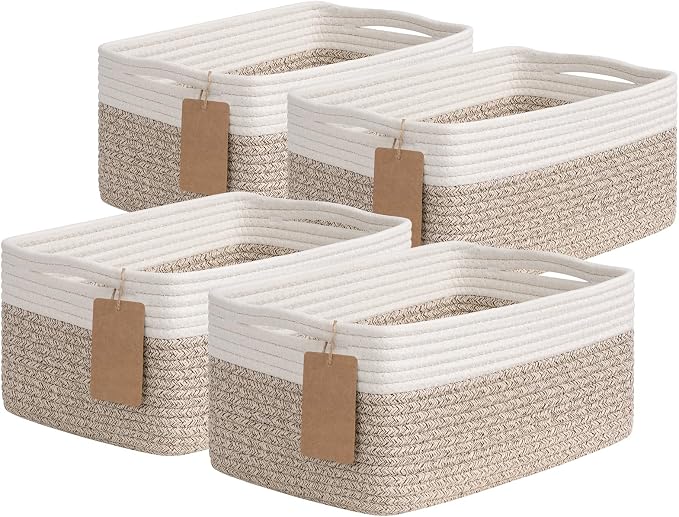 Goodpick 4 Pack Storage Baskets for Organizing Shelves, Light Brown & White | 13" x 8" x 6" Woven Rope Baskets for Baby Toys & Diapers, Decorative Gift Basket for Home & Nursery, Rectangle Design
