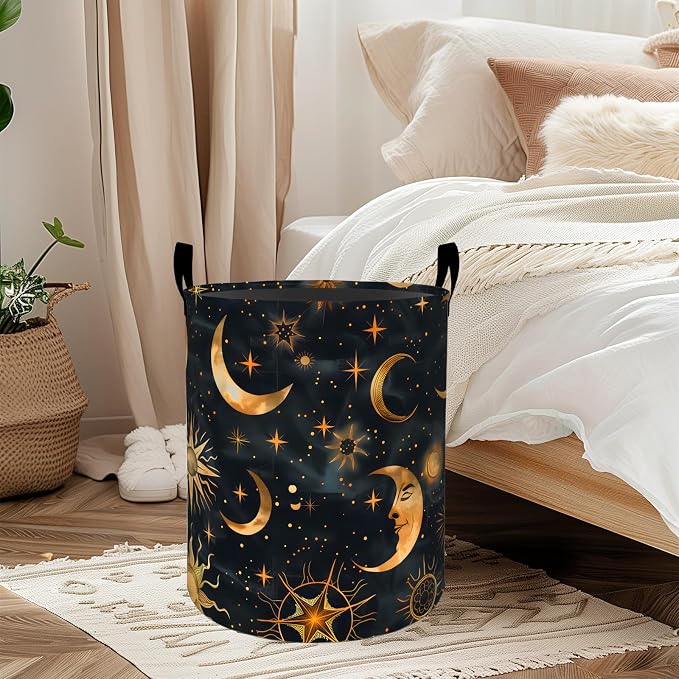 Moon and Sun Laundry Basket, Oxford Cloth Mystical Dreamy Dirty Clothes Collapsible Hamper for Room Decor, Star Celestial Print Gifts Toy Organizer 19.7 * 15.7 Inch for Bedroom Bathroom Dorm
