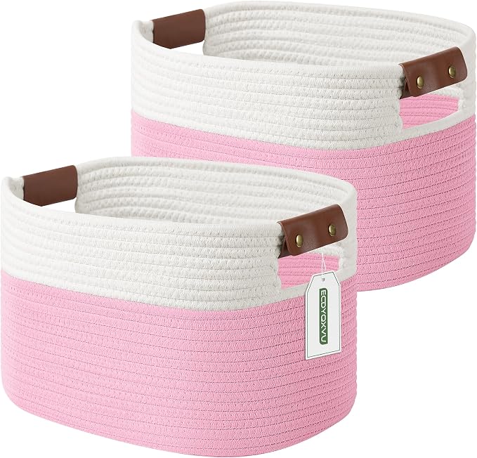 ECDYQXVU 15x10x9 Woven Cotton Rope Storage Basket, Leather Handles 2 Pack | Foldable Design, Sturdy PU Handles, Easy to Clean Organizer for Living Room, Closet, Shelves, Bedroom, Laundry, Clothes