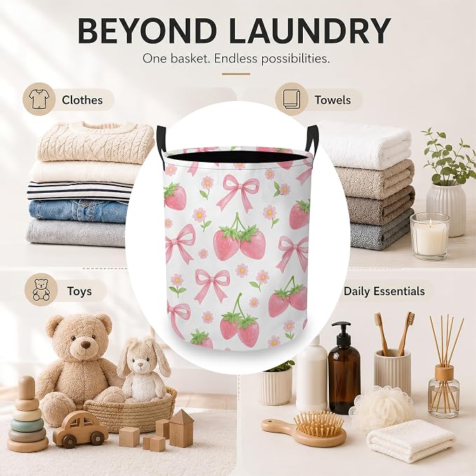 Laundry Hamper, Pink Strawberry Collapsible Bow Floral Laundry Baskets Waterproof Oxford Cloth With Handles, Clothes Storage Bucket For Bathroom/Bedroom 16" x 20.8"