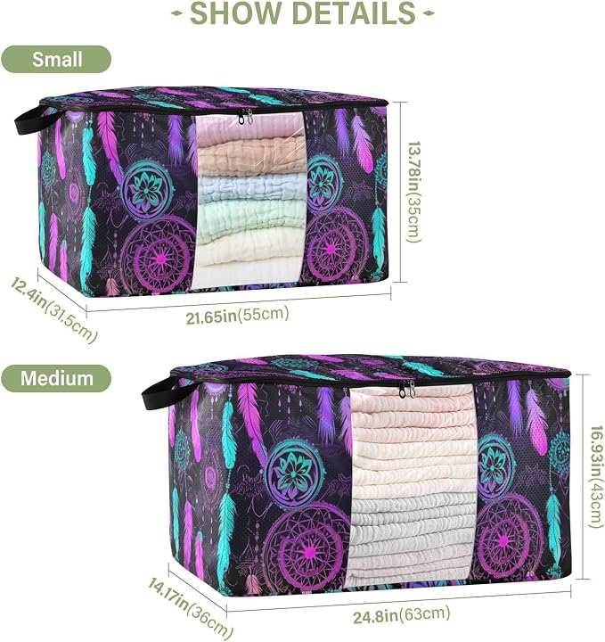 Generic Rainbow Colorful Dream Catcher Clothes Storage Bag Bins 2 Pack Foldable Storage Containers Large Closet Organizer with Zipper Quilt Bag for Bed Sheets Comforters Clothing 60L