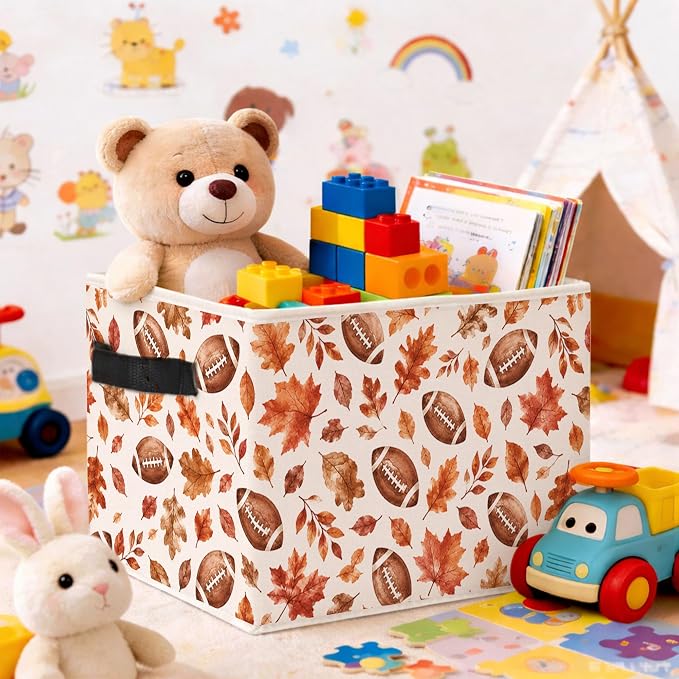 Football Fall Leaves Storage Bin, Fabric Organizer | Football and autumn leaves storage bin for toys, books, clothes, blankets, game day rooms, shelves, and closets.