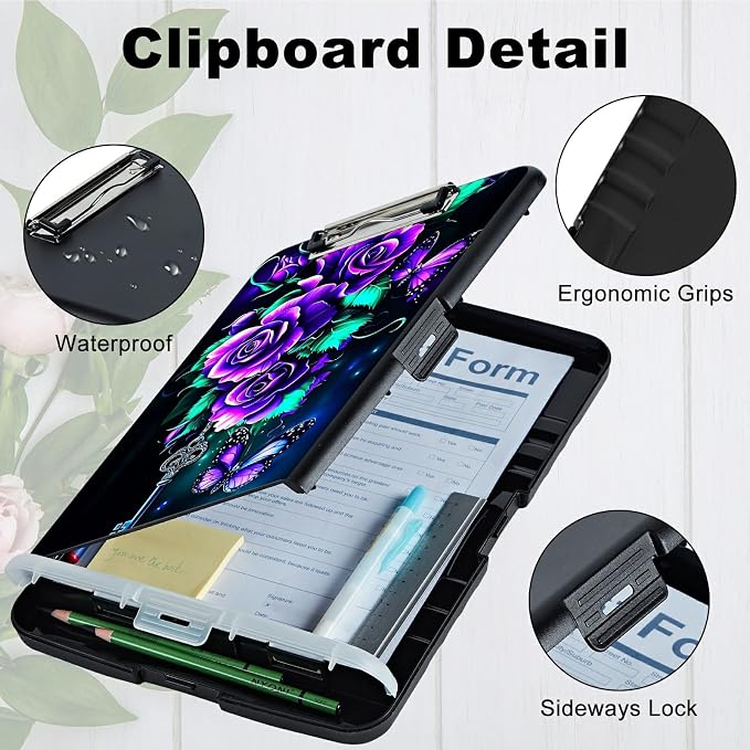 Purple Roses 02 A4 Clipboard with Storage Pen Holder, Clipboards Organizer Nursing Clipboard Foldable File Folder Plastic Clipboard Folio Clip Board for Office Students Classroom Doctor