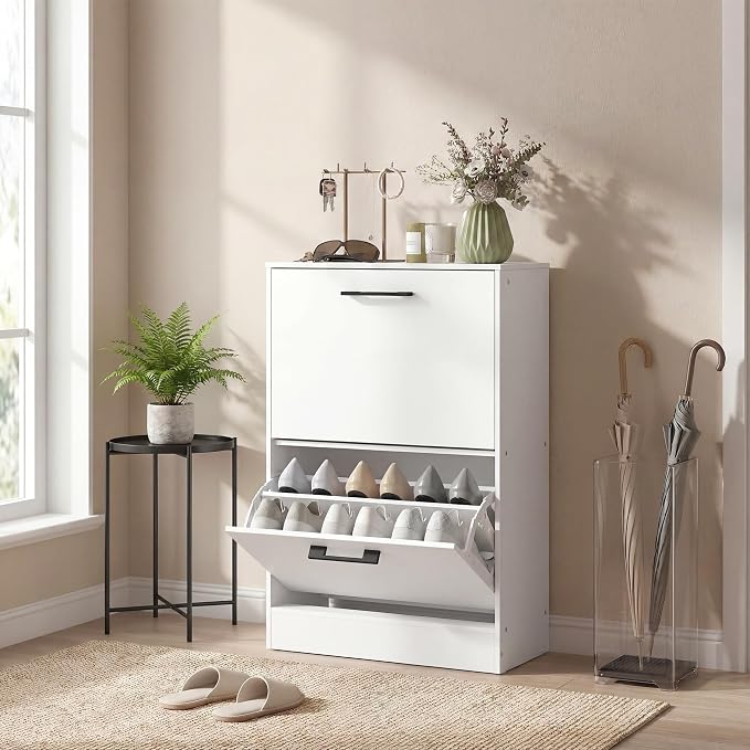 HOMCOM Shoe Cabinet with 2 Flip Drawers, up to 12 Pairs, White | Narrow Storage Cabinet, Adjustable Dividers, Entryway Shoe Storage Unit, for Hallway