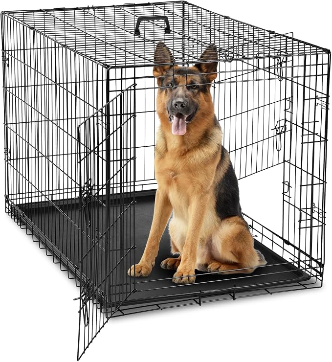 DUMOS Dog Crate 42 Inch, Foldable Medium Large Dog Cage Pet Kennel | Double Door Metal Wire, Plastic Leak-Proof Pan Tray, Portable Indoor Outdoor Training Travel