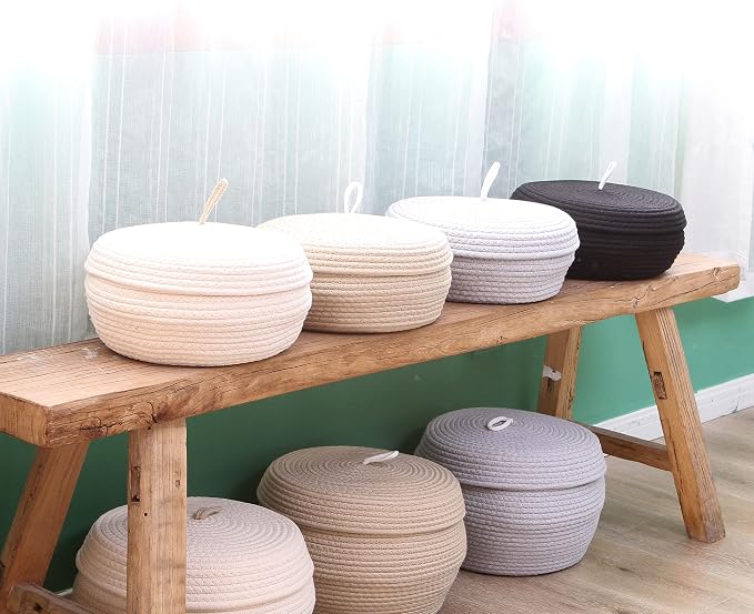 Sea Team Round Woven Cotton Rope Storage Basket with Lid, Khaki | Lidded Knitted Decorative Storage Bin, Pot, Caddy, Organizer, Container for Snacks, Towels, Plants, 13 x 5.5 Inches