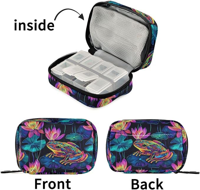 Fustylead Neon Frog and Lily Pads on Black Background Travel Pill Organizer Bag with Zipper Small Pill Box 7 Day Pill Case for Purse Storage Weekly Vitamin Medicine Supplement