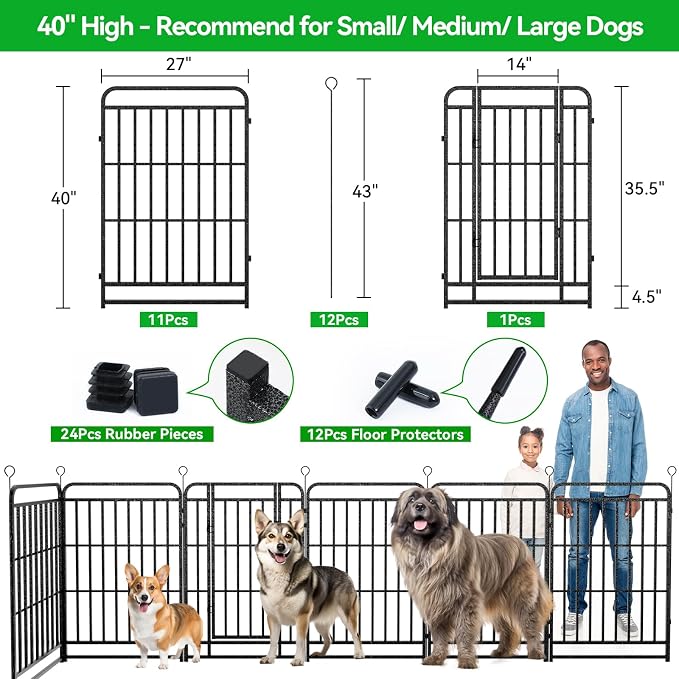 Kfvigoho Heavy Duty Dog Playpen 12 Steel Panels 40" Height | Square Steel Pipe with Reinforced Crossbars, 27FT 57 Sq.ft Portable Dog Fence Outdoor for Yard & RV Camping, Snowy Black
