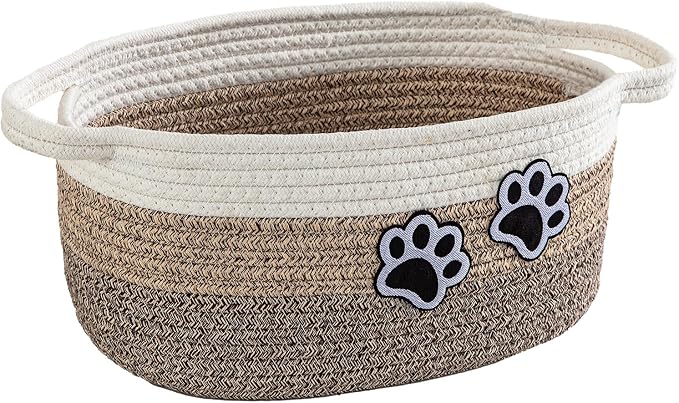 Small Woven Cotton Rope Nursery Organizer Bins, Dog Toy Basket Bins with Handle, Cute Empty Pet Gift Storage Baskets with Paw