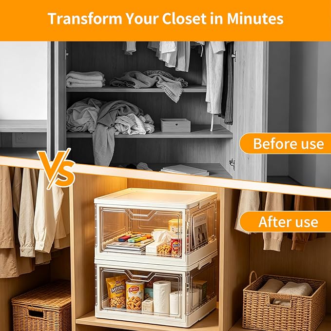 Collapsible Storage Bins with Lid, Clear Stackable Organizer Box, 15.35" x 11.02" x 8.66", for Clothes, Books, Snacks (2-Tier)