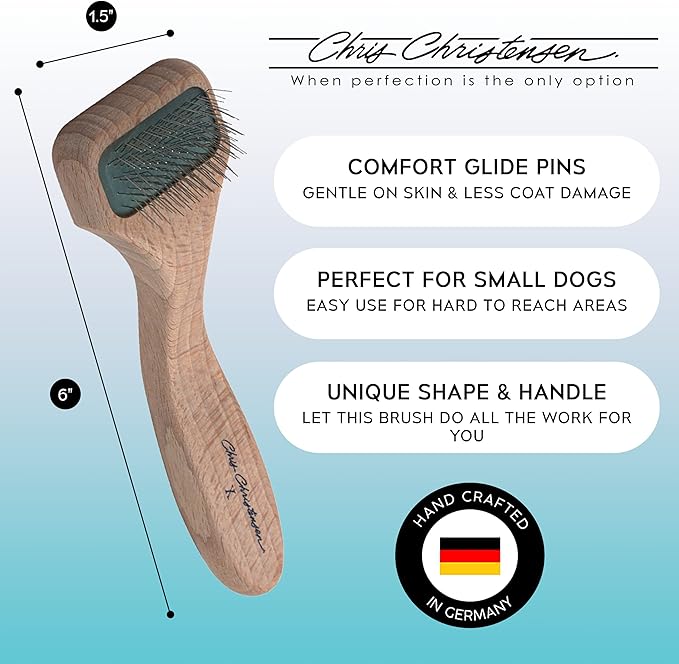 Chris Christensen Mark X Tiny Slicker Brush for Dogs, 12mm Pins, Groom Like a Pro, Handcrafted Lightweight Beechwood Ergonomic Handle, Stainless Steel Pins, A5X, XX-Small. Made in Germany.