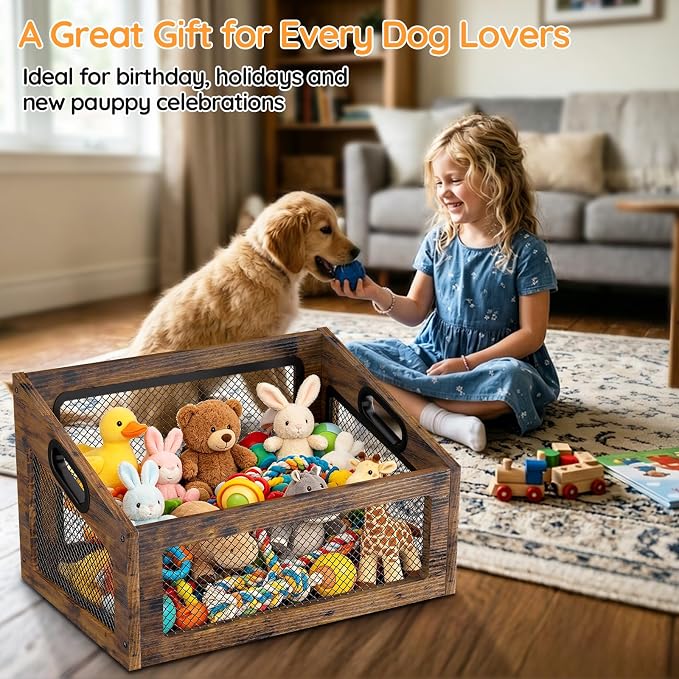Wood Dog Toy Basket,Chew-Proof Dog Toy Box Bin | Spacious Dog Storage Organizer,Cat Toys Basket Box for Pet Toy Treat Clothes in Living Room