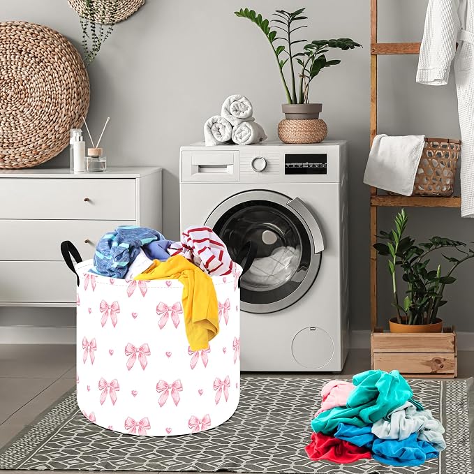MAIZMZ 3 Pack Pink Storage Baskets for Girls Room, Round Laundry Basket with Handles,Toy Organizer Bin with Water-Resistant Lining, Foldable Nursery Basket for Clothes, Toys, Gifts, Bedroom