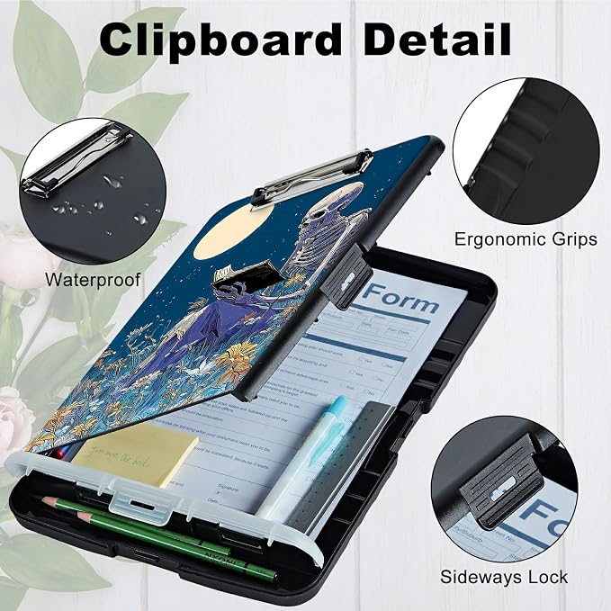 A4 Clipboard with Storage Pen Holder, Clipboards Organizer Nursing Clipboard Foldable File Folder Plastic Clipboard Folio Clip Board for Office Work Classroom Doctor, Book Skull Flower