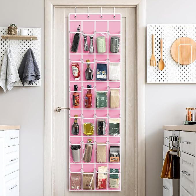 Simple Houseware 24 Pockets Clear Over the Door Shoe Organizer, Pink | 64" x 19", 4 Durable Metal Hooks, 4.3" x 9.5" Pocket Size, Multipurpose
