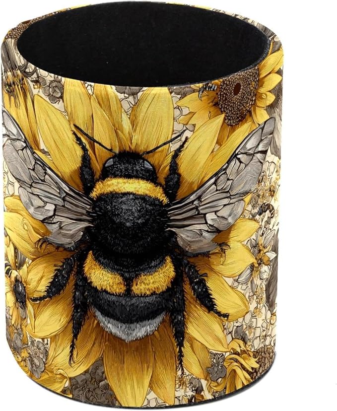Faux Leather Pen Holder for Desk, Pencil Organizer Bees and Sunflowers Pen Cup Desk Decor Makeup Brush Holder Storage for Office Home