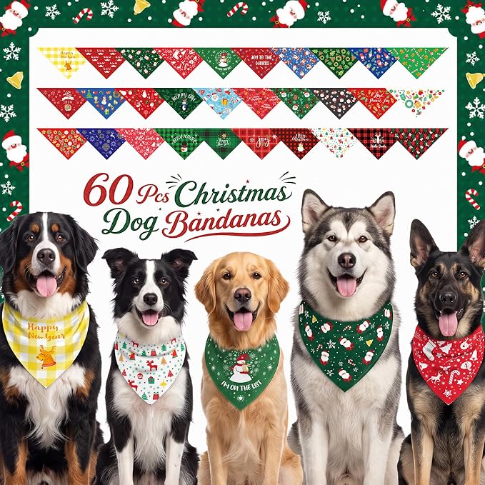 Sanwuta 60 Pcs Christmas Dog Bandanas Bulk Xmas Pet Bib Scarf, Santa Large | Adjustable Dog Bandanas, Triangle Scarf Holiday Pet Costume, Fits Small to Large Pet