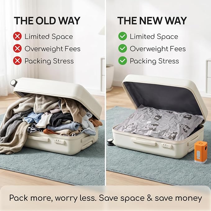 Vacuum Storage Bags with Cordless Pump for Travel & Clothing | Oxford fabric,leak-proof, 5 sizes: XS to Jumbo,Fits 20" carry-on to king comforters.3-in-1 Cordless pump,Reusable