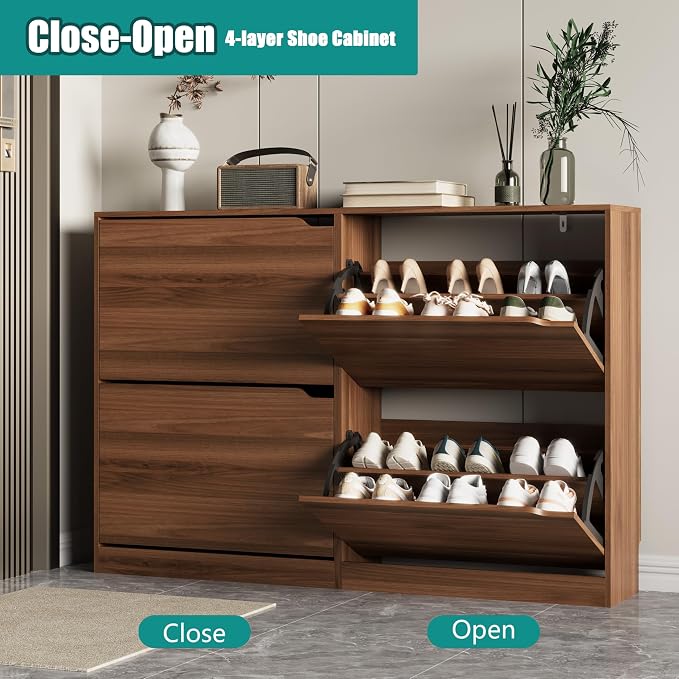 Xixini Shoe Storage Cabinet for Entryway with 4 Flip Drawers, Sturdy Wood Hidden Shoe Storage, Freestanding Narrow Slim Shoe Organizer for Front Door Entrance, Living Room, Hallway, Bedroom, Walnut