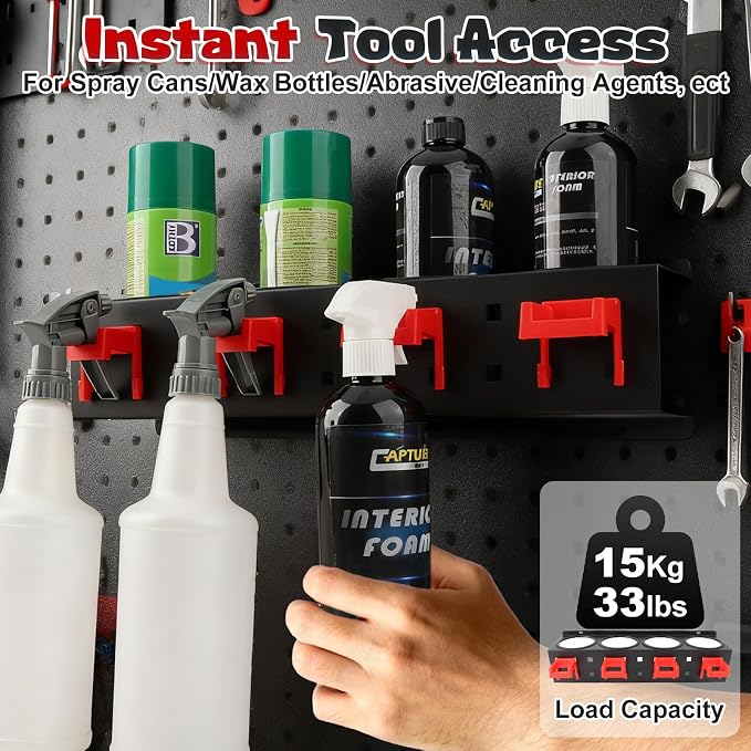 Spray Bottle Holder, 2 Pack Wall Mount Car Detailing Can Holder Spray Rack | Heavy-Duty Carbon Steel Auto Detail Spray Bottle Organizer, Spray Can Holder with Hooks for Garage Workshop Van Shed Storage