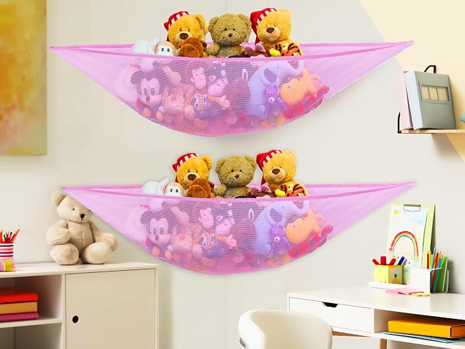 Simple Houseware 2 Pack Stuffed Animal Toy Hammock Net, Pink | Jumbo Size Corner Wall Storage for Kids Room
