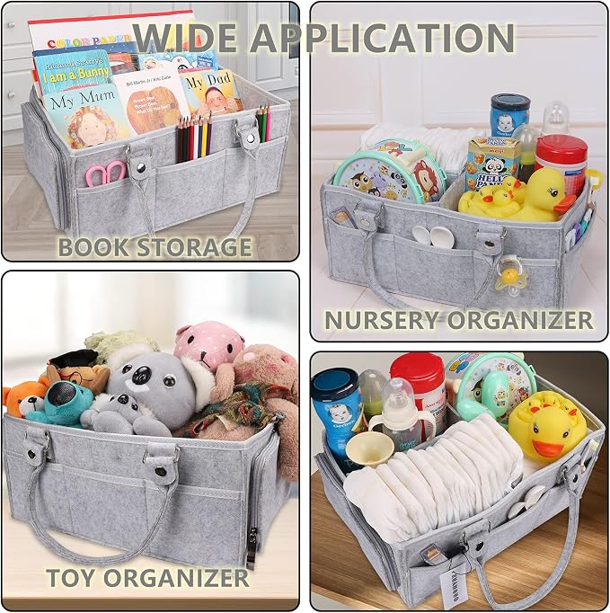 XUANGUO Large Baby Diaper Caddy Organizer, Felt Basket with Handles, Grey | Nursery storage bin with dividers; portable tote bag for baby stuff, changing table or car, baby shower and registry gifts.