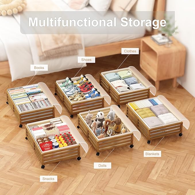 Under Bed Storage with Wheels, 2 Pack Bamboo Drawers for Shoes and Clothes | Fitted dustproof bags, stackable design, smooth pullout access for bedding, blankets, toys and seasonal essentials