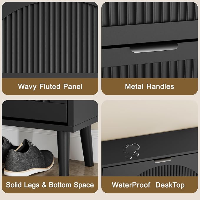 Shoe Storage Cabinet with 3 Flip Drawers, Narrow Wood Shoe Organizer Cabinet with Fluted Panel, Slim Shoe Rack for Entryway, Freestanding Shoe Cabinet for Living Room, Hallway, Black