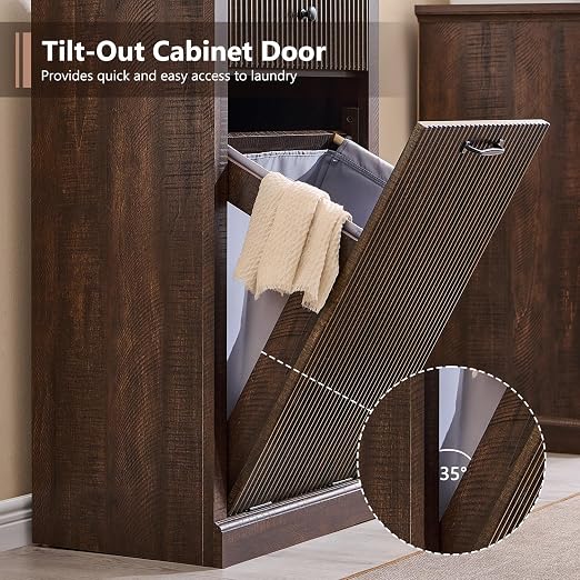 IFGET Tilt-Out Trash Can Cabinet, Fluted Laundry Hamper Cabinet, Brown