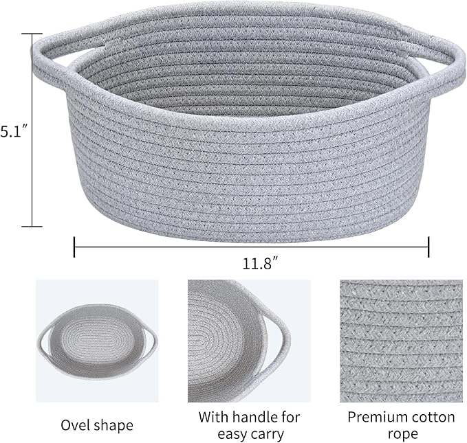 ABenkle Small Basket with Handles, Boho Decorative Rope Woven Dog Cat Toy Storage Bin Shelf Storage Organizer, Easter Christmas Gift Basket, 12"x8"x5"