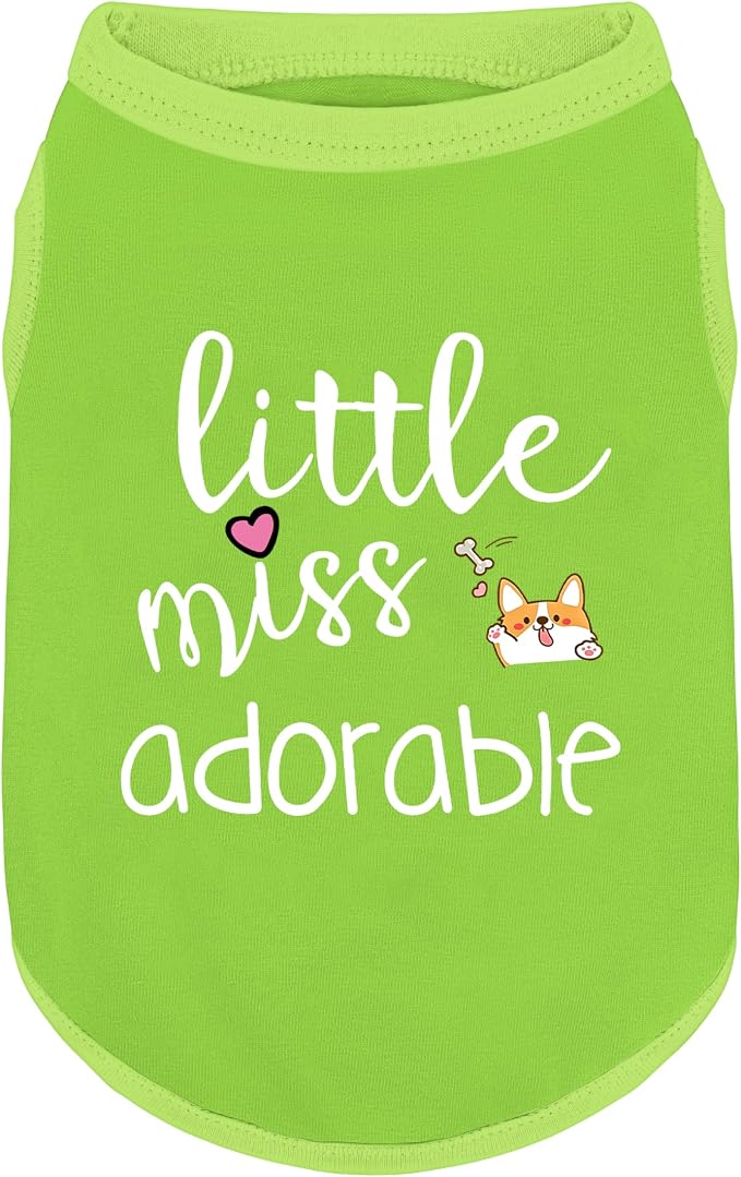 Cotton Dog Shirt with 'Little Miss Adorable' Corgi Head Print, Soft & Breathable Pet Apparel for Small, Medium, and Large Dogs, All-Season Sleeveless Vest, Cute and Comfortable Dog Outfit.Green L