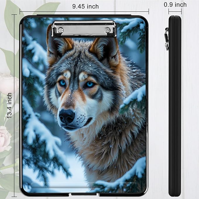 Heavy Duty Storage Clipboard, Slim Nursing Clipboard with Internal Pen Case, Portable File Organizer Case for A4 Letter Size Paper Office Medical Professionals, Snow Forest Wolf
