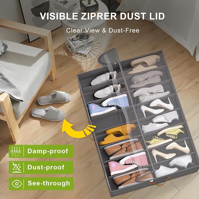 Shoe Organizer Under Bed, Fits 32 Pairs, Under bed Shoe Storage Boxes with Study Handles and Clear Cover, zapateras organizer for shoes, set of 2